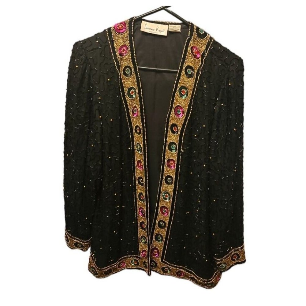Vtg Laurence Kazar Jacket Womens Medium Black Beaded Silk Top Colorful Cocktail